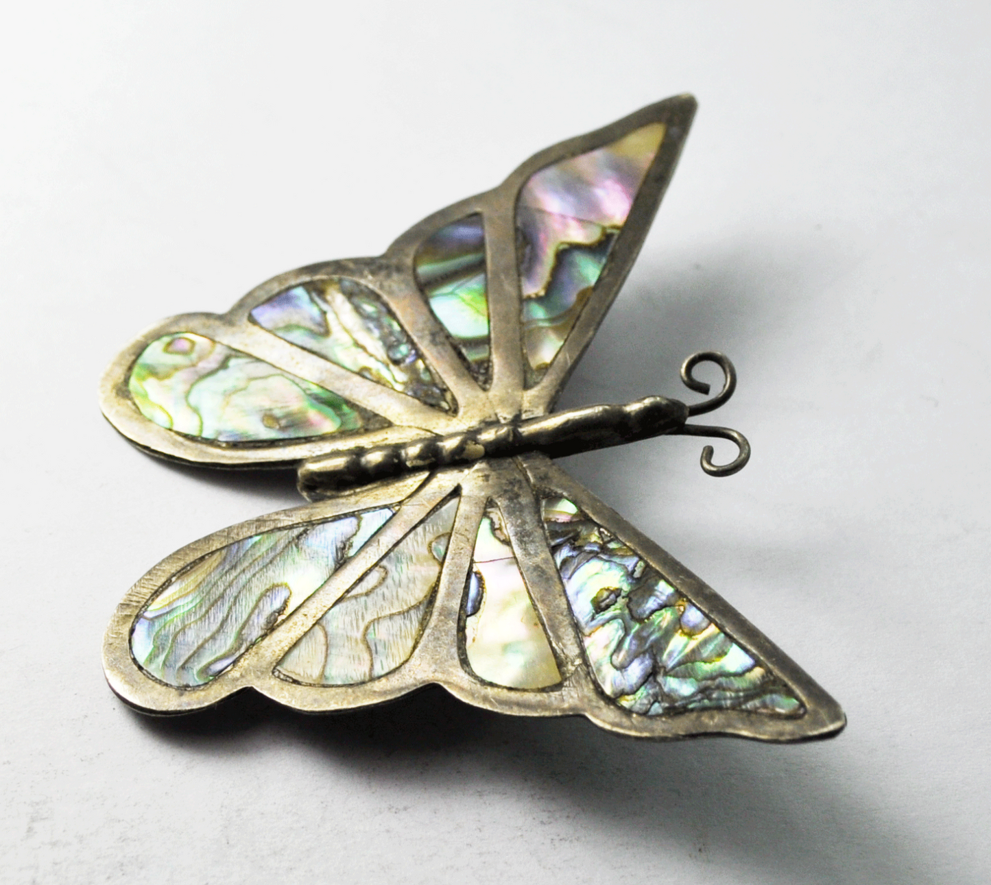 Sterling Silver Monfar Mother of Pearl Shell Butterfly Brooch Pin 2-3/4" x 2"