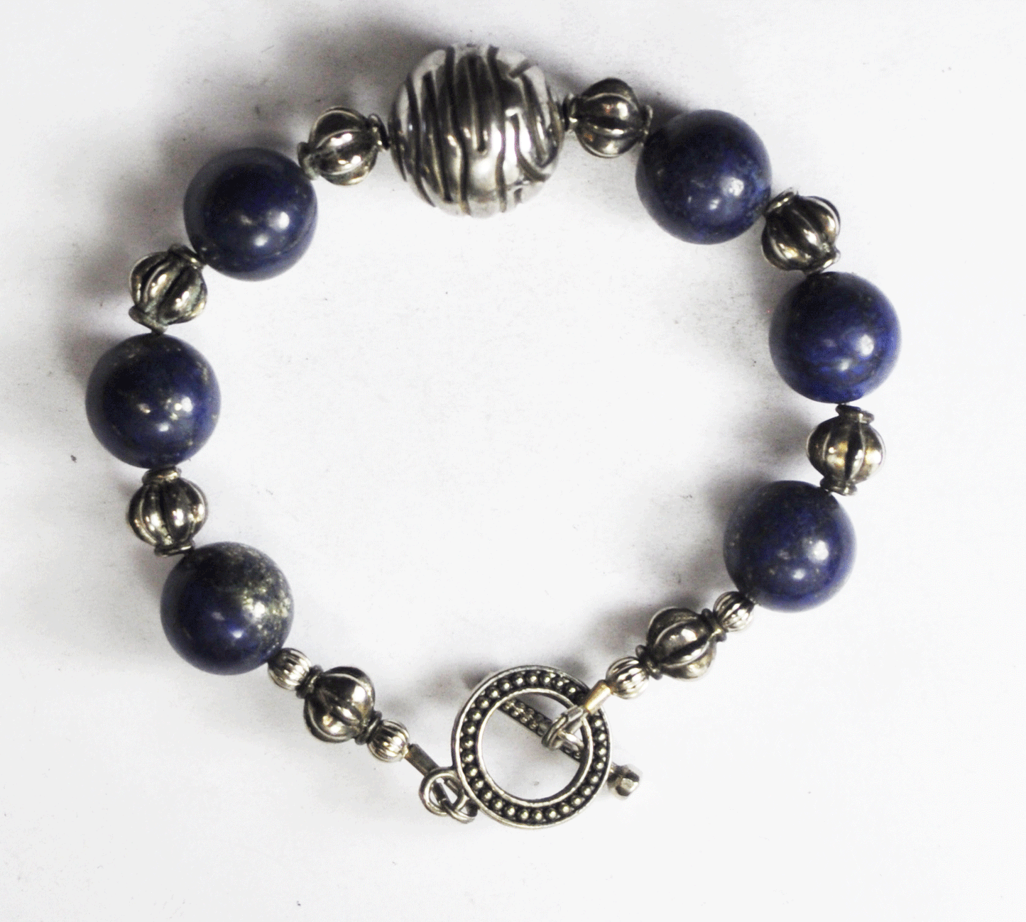 Silver Plate Blue Ball Stripe Sphere Bead Toggle Bracelet 16mm 8"