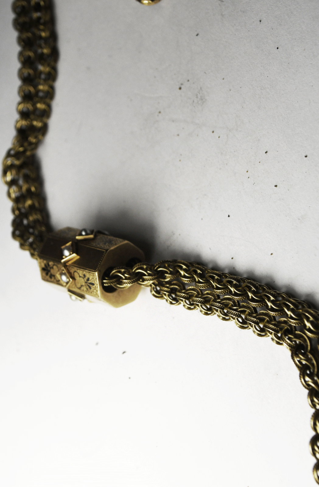 Gold Filled Pocket Watch Double 4mm Chain Pearl Octagon Slider 17"  38g