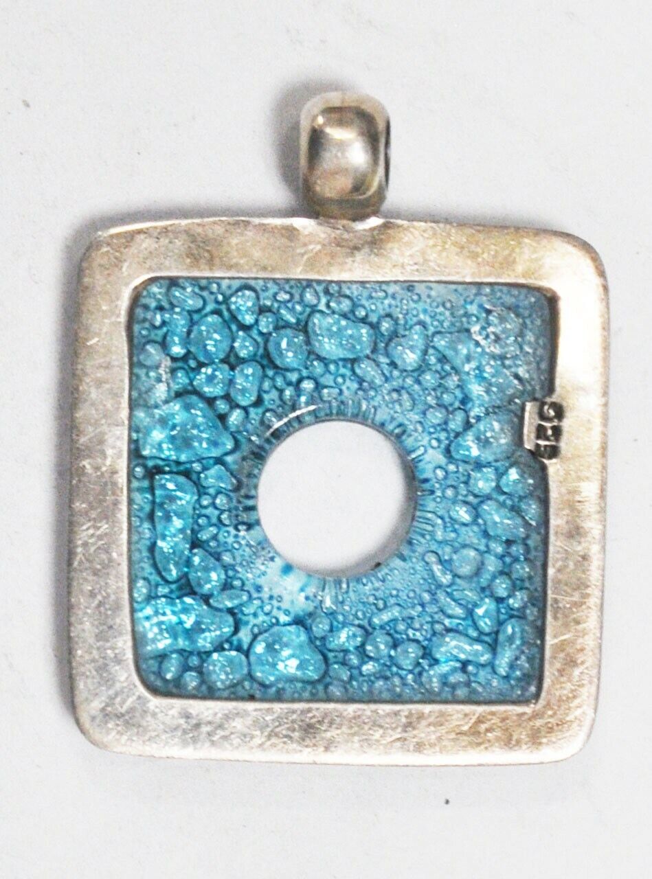 Sterling Silver Square Blue Bubble Holed Glass Pendant Slider 44mm x 36mm