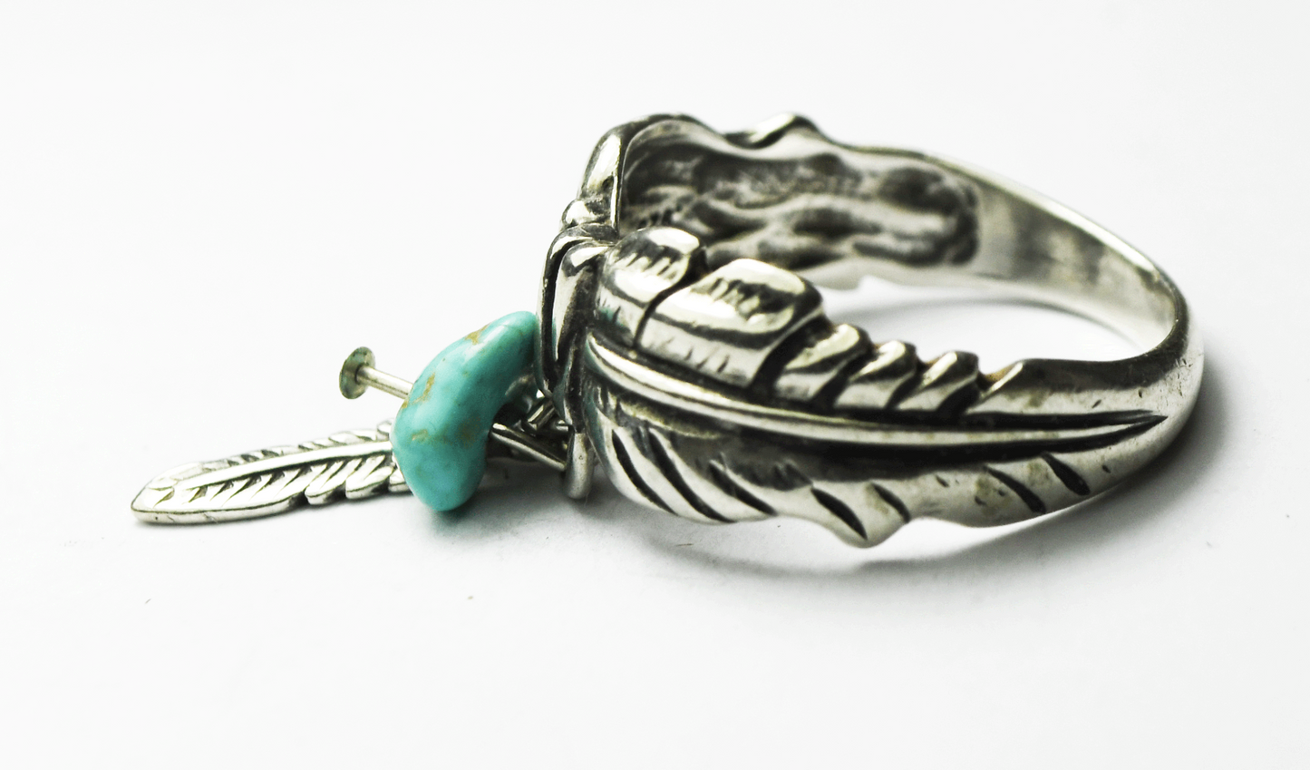 Sterling Silver Shubes Feather Turquoise Dangle Ring 10mm Size 9