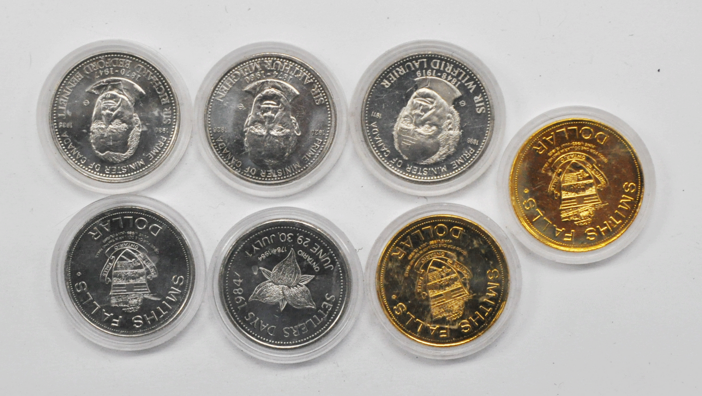 1981 83 84 & 86 Canada $1 Trade 7 Token 34mm Smith Falls Dollar Settlers Days