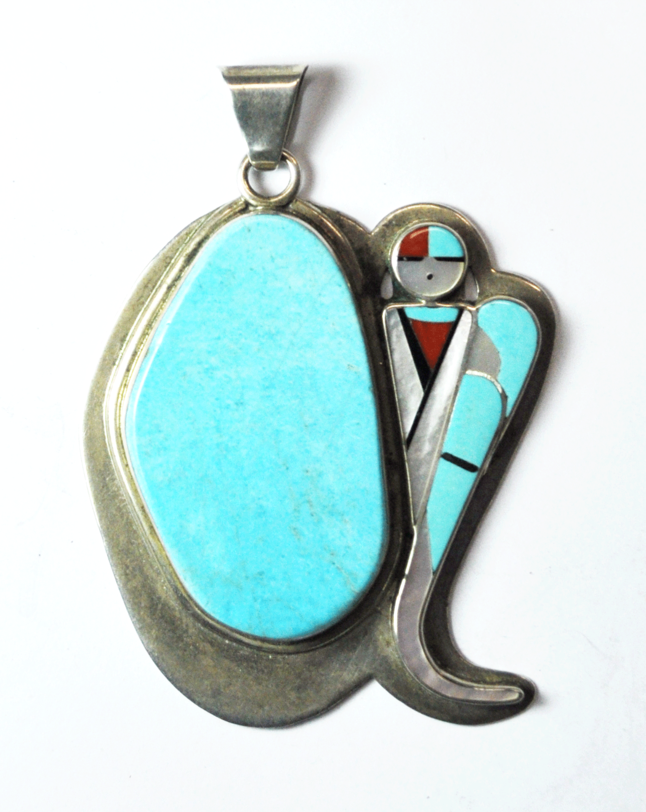 Sterling Silver Large Turquoise Hopi Sun Inlay Signed Pendant 3-1/8" x 2-1/4"