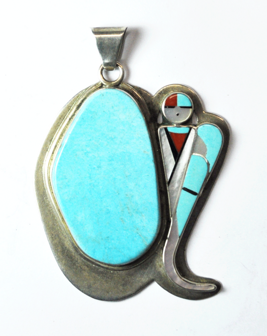 Sterling Silver Large Turquoise Hopi Sun Inlay Signed Pendant 3-1/8" x 2-1/4"