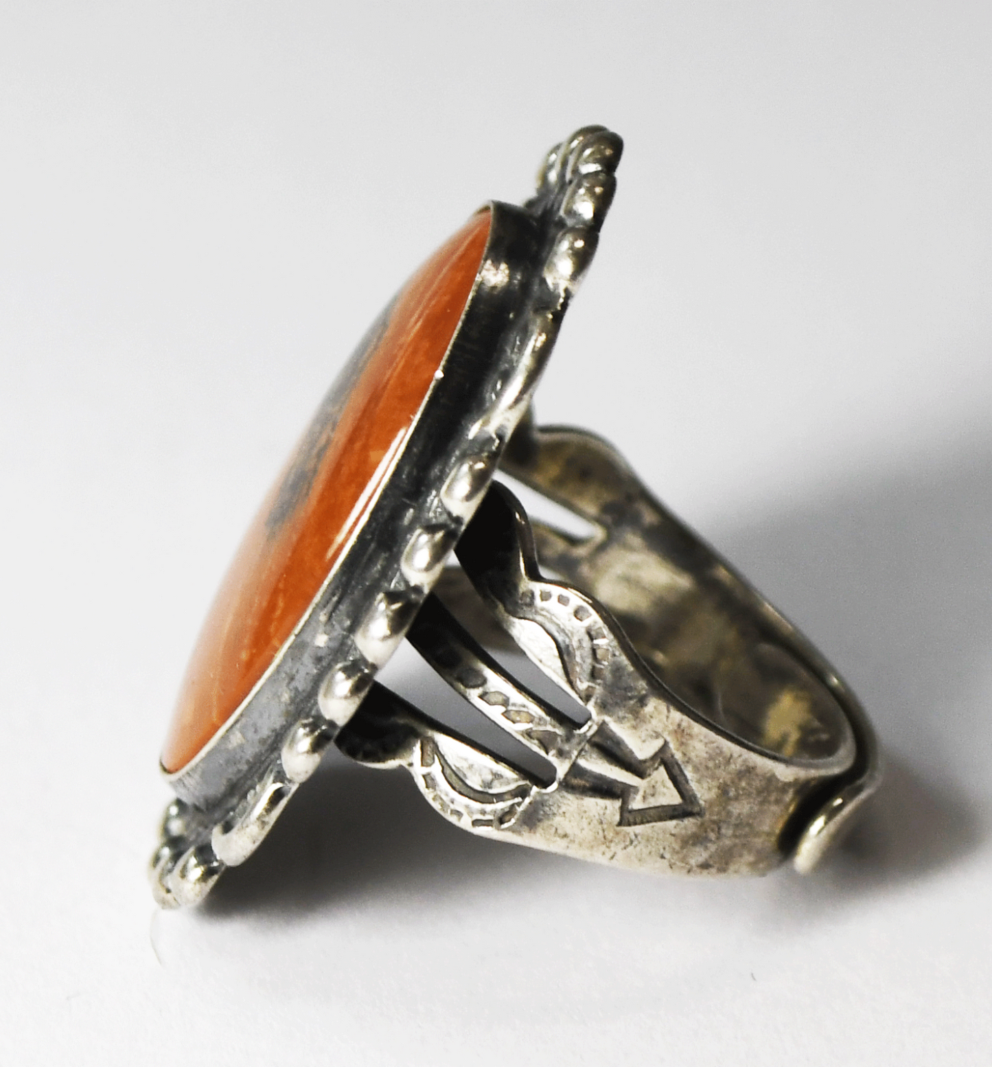 Antique Sterling Silver Oval Red Petrified Wood Ring 31mm Size 6 Adjustable