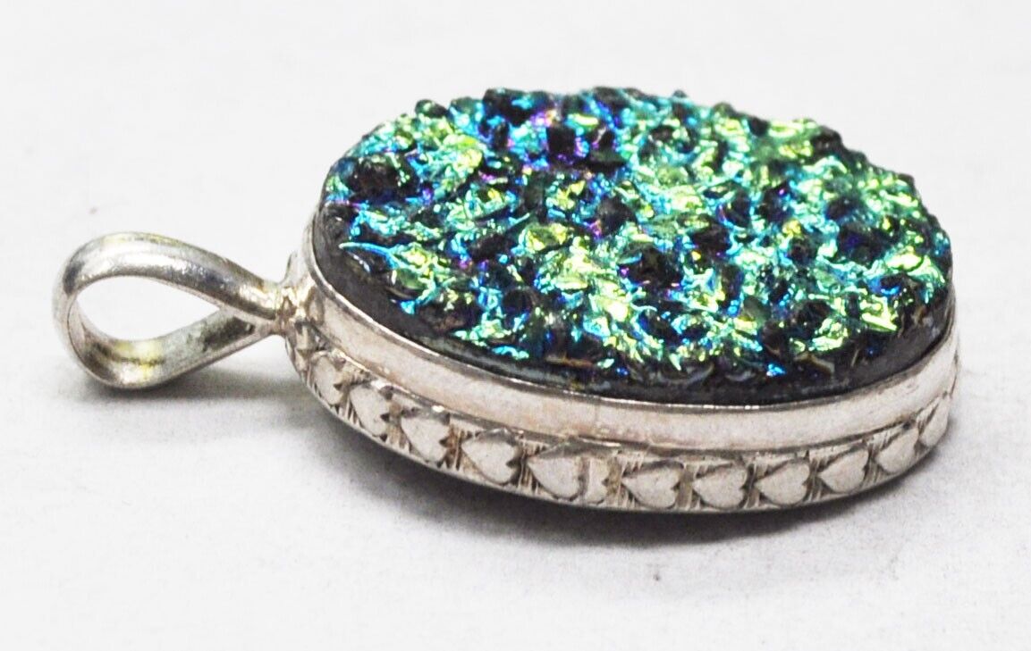 Sterling Silver Oval Green & Blue Drusy Quartz Pendant 43mm x 26mm