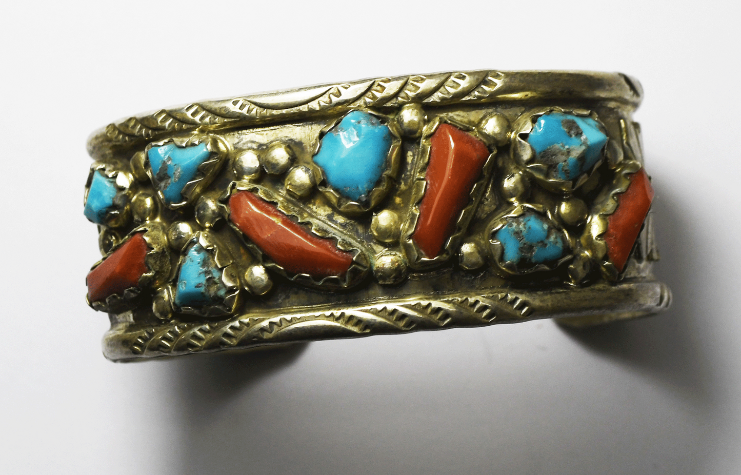 Sterling Silver ML Coral Turquoise Chunk Cuff Bracelet 25mm 6" Wrist