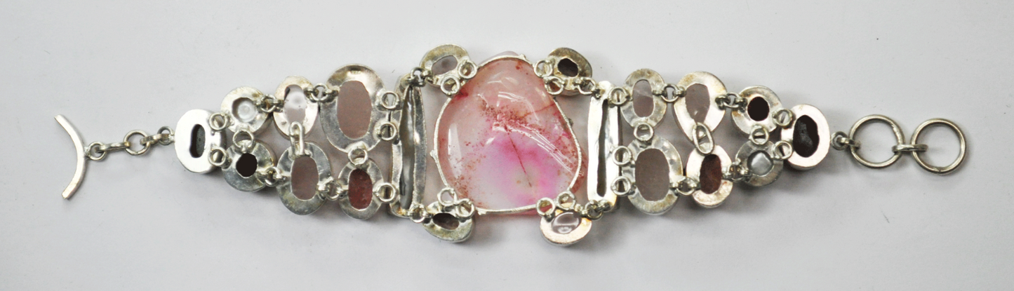 Sterling Pink Agate Quartz Druzy MOP Heavy Wide Link Bracelet 46mm Toggle 8"