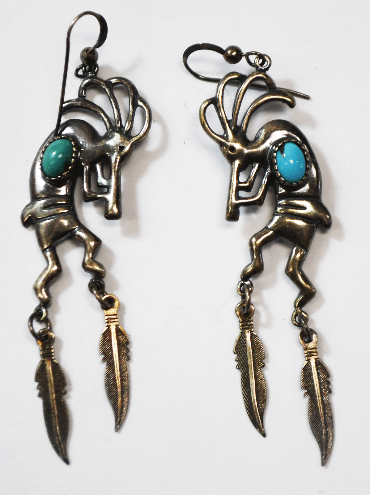 Sterling Silver Schubes Blue & Green Turquoise Kokopelli Earrings 3" Dangle