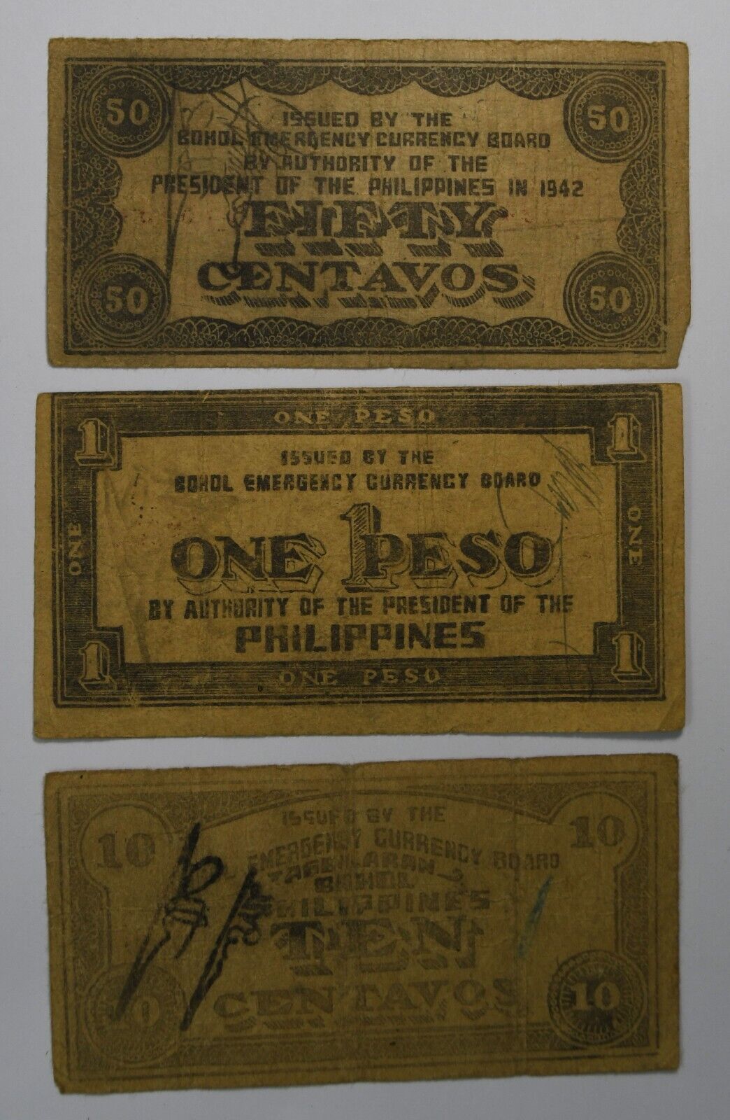 1942 & 1943 Philippines 50c One & Ten Peso Emergency Currency Certificate