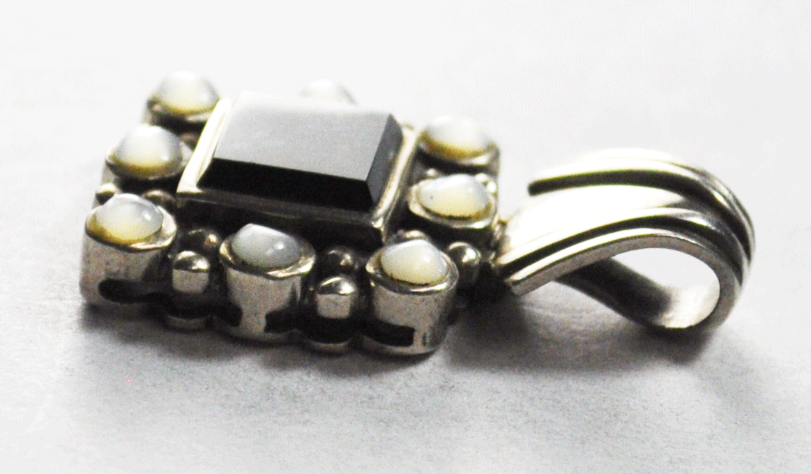 Sterling Silver SX Black Onyx Square MOP Halo 29mm x 18mm Pendant 4mm Bale