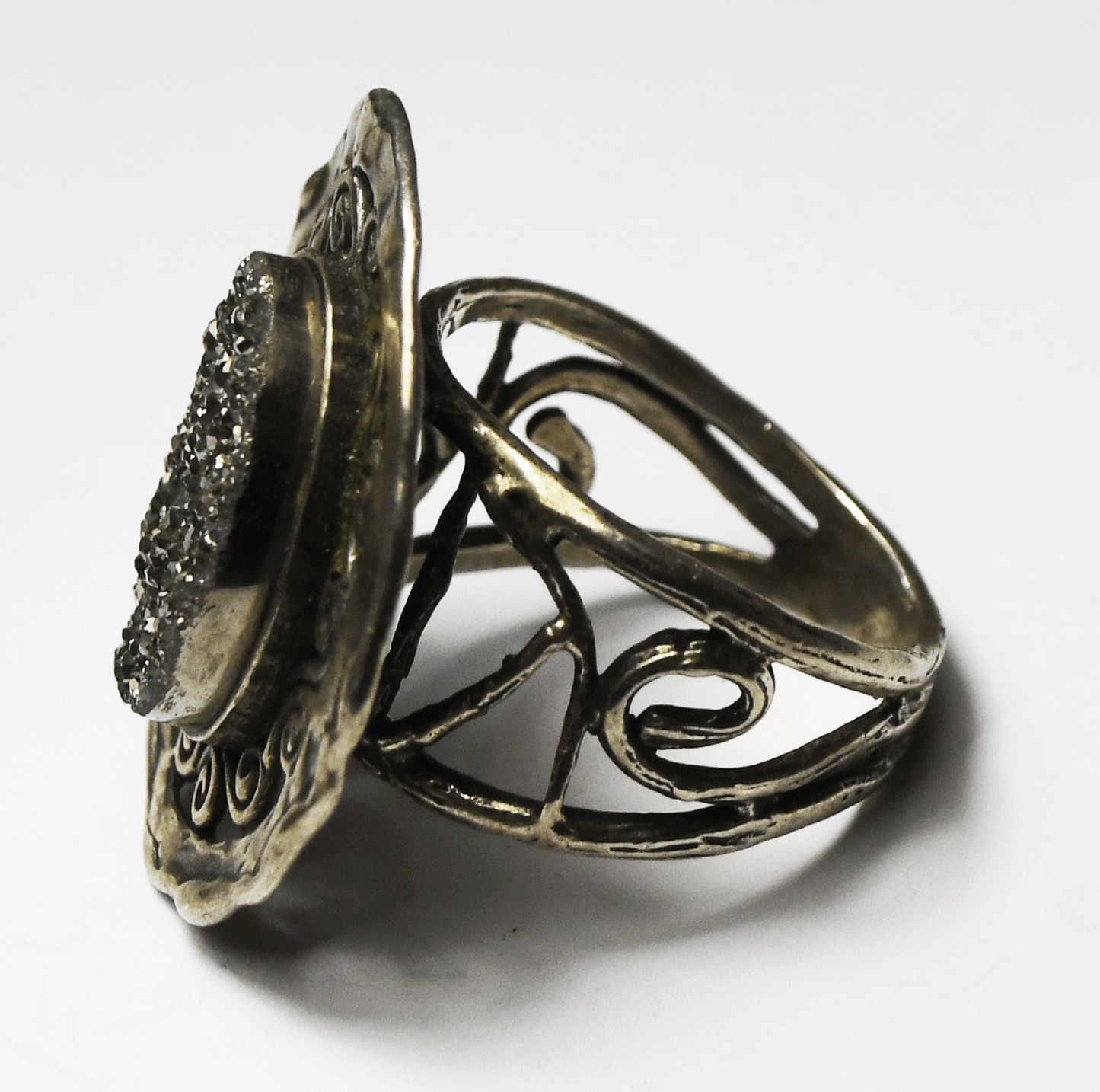 Or Paz Sterling Silver Druzy Quartz Filigree Sun Ring 28mm Size 8-1/4