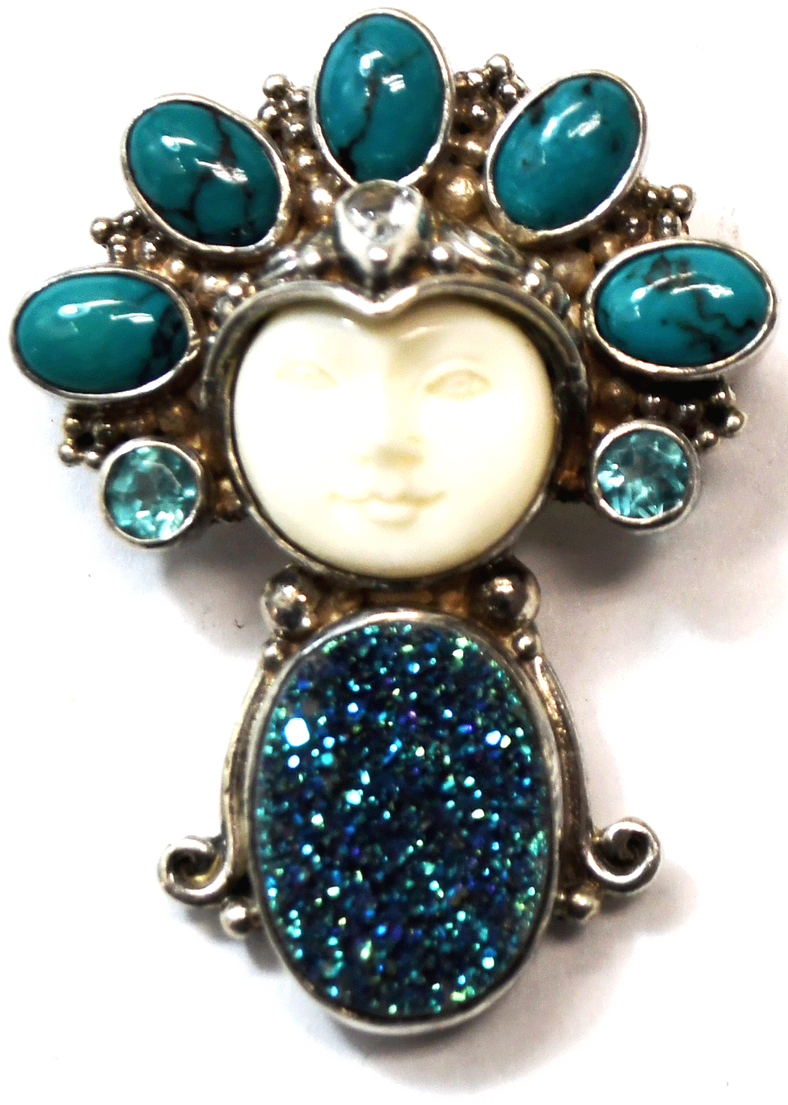 Sajen Sterling Goddess Face Turquoise Headdress Drusy Pendant Brooch 41mm x 31mm
