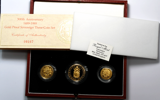 1989 Great Britain Gold Proof Sovereign Three Coin Proof Set w Box & Papers