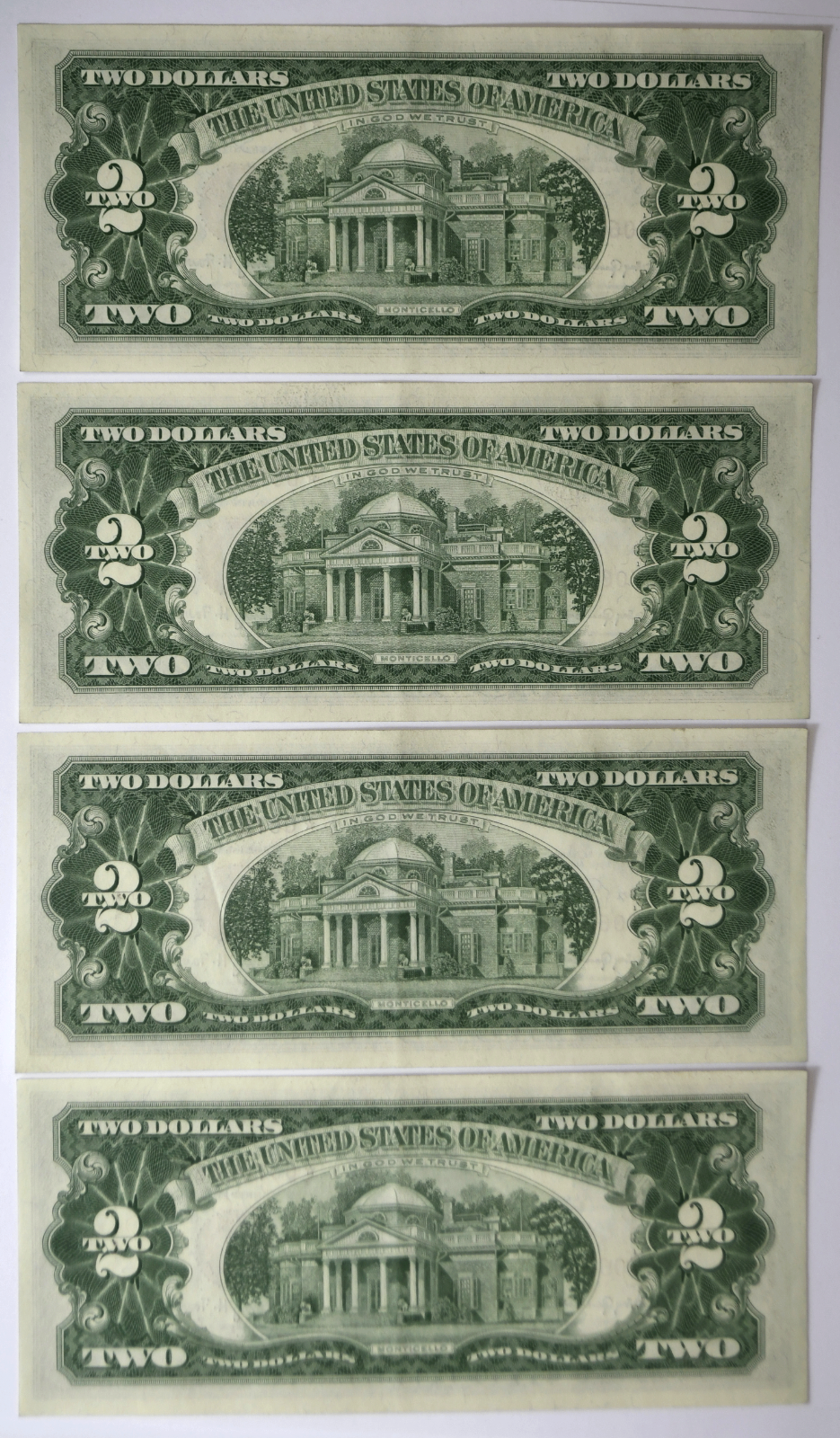 1963 A $2 Two Dollars Legal Tender Red Seal 4 Sequential Notes