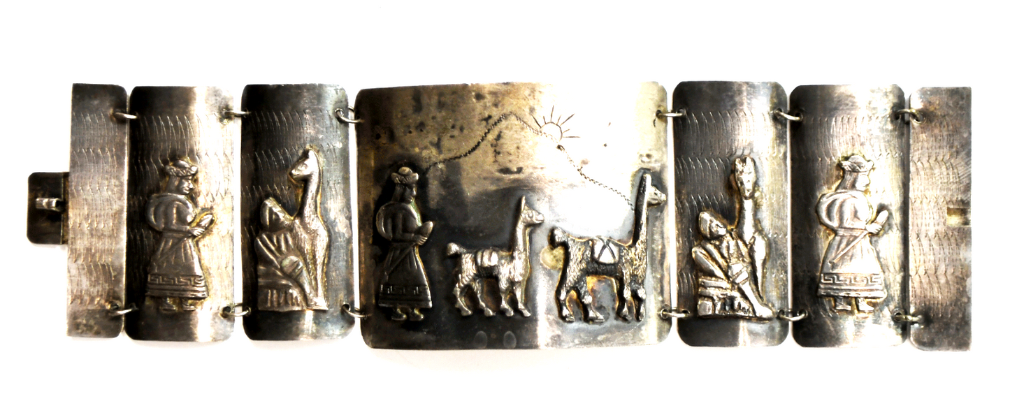 Sterling Silver Peru Wide Panel Llama Farmers Etched Bracelet 50mm 7.25" 64g