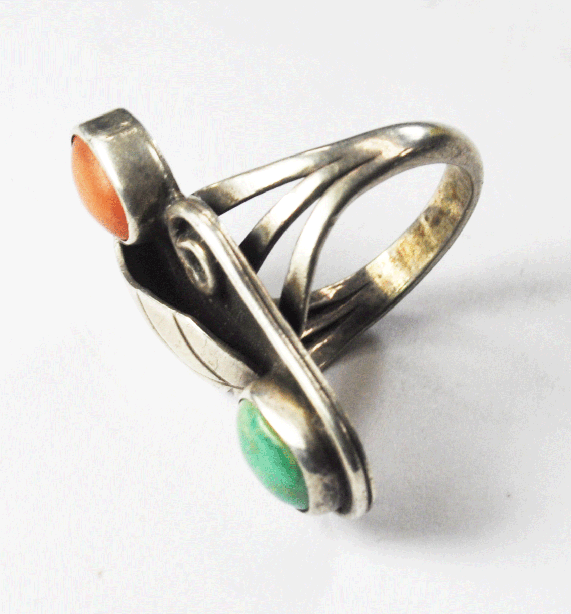 Antique Sterling Silver Green Turquoise & Coral Floral Ring 31mm Size 5