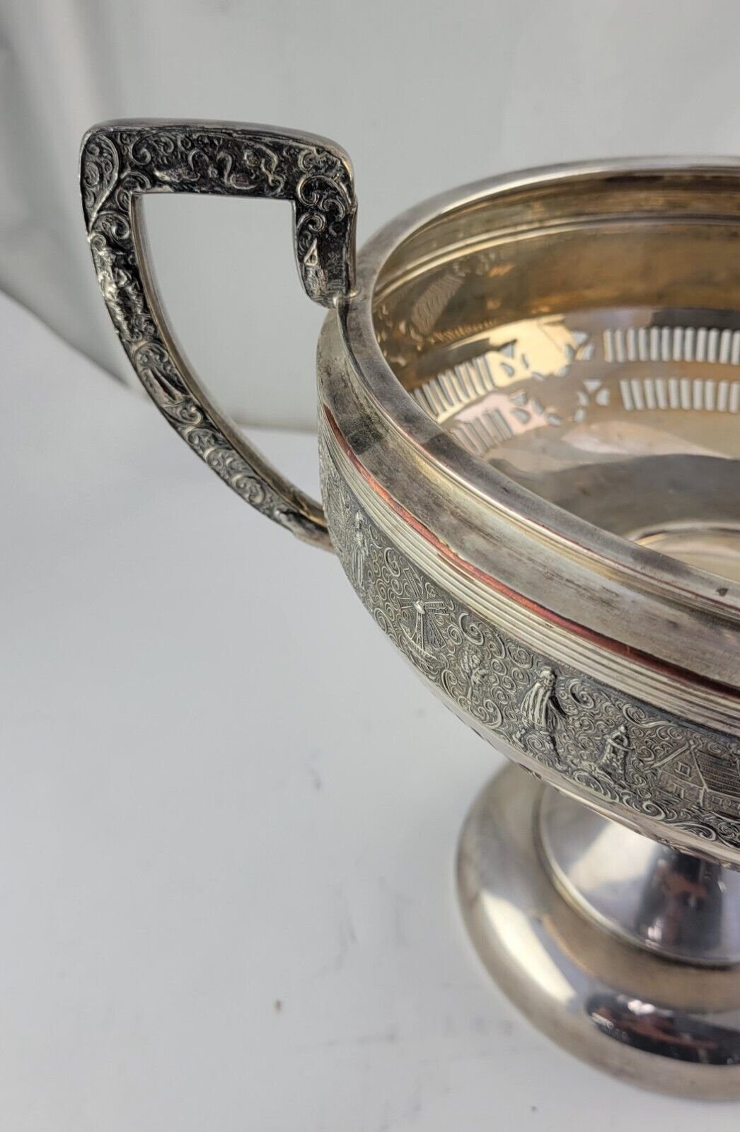 Friedman Silverplate Dutch Scenes Reticulated Repoussé Handled Centerpiece