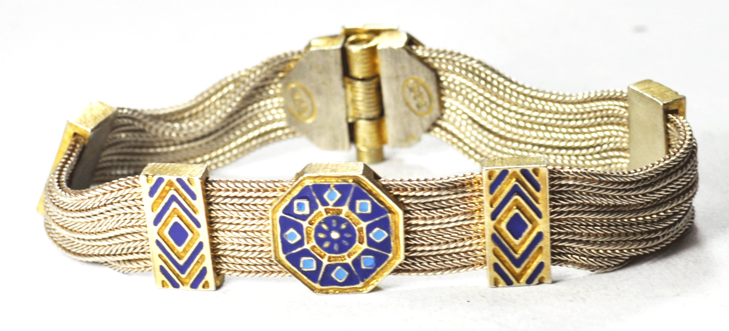 Sterling Silver India Blue Enamel 2-Tone 7 Strand Bracelet 14mm 7-1/4"