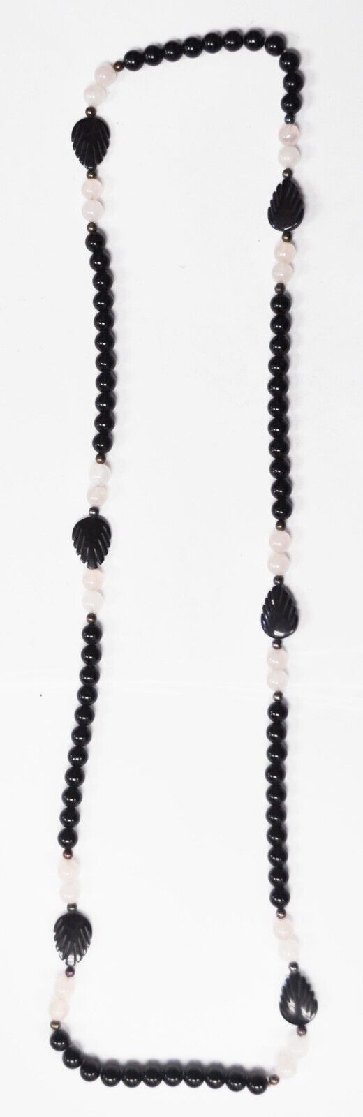 Black Onyx Carved 15mm Leaf Quartz 9mm Round Bead 36" Necklace