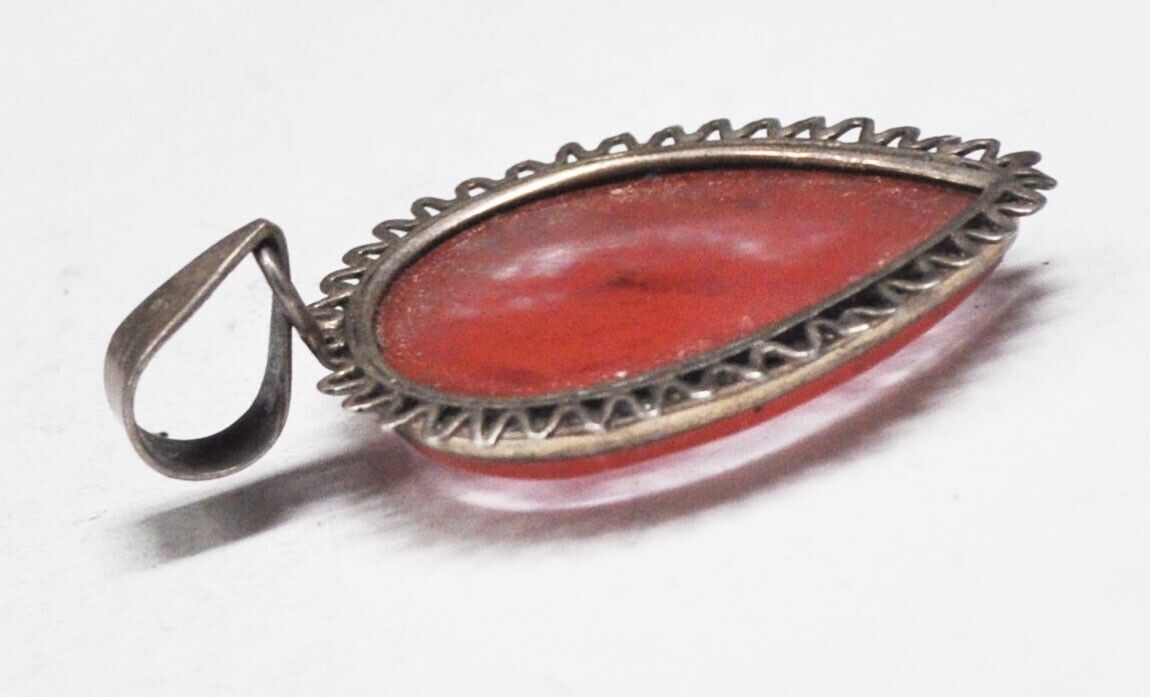 Sterling Silver Red Pink Quartz Doily Edge Teardrop Pendant 44x26mm