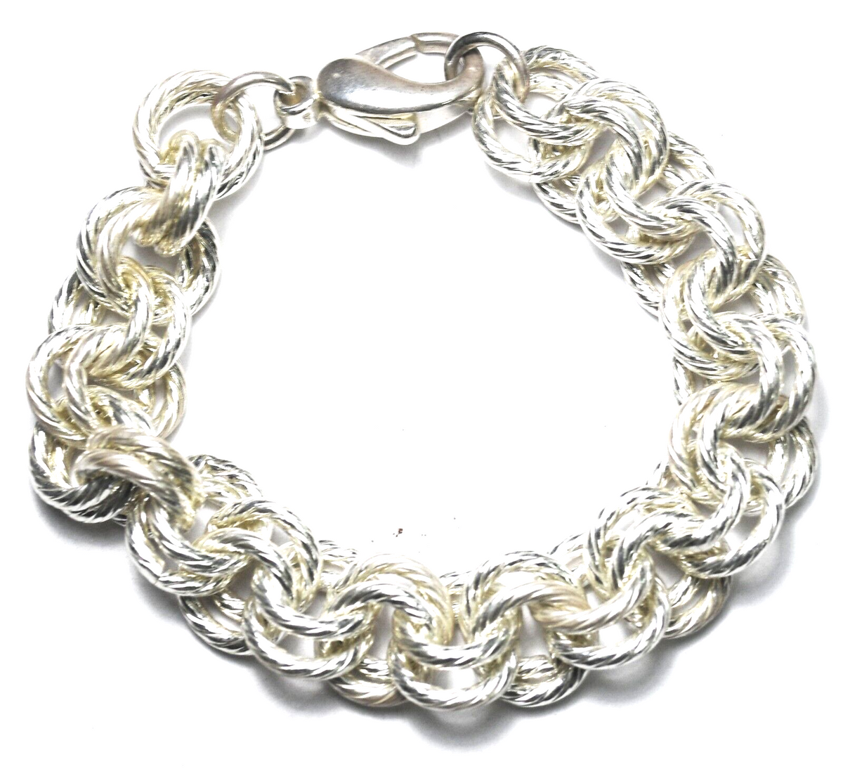 Sterling Silver Striped Double Rolo 11mm Round Link Chain Bracelet 7.5" - Image 1