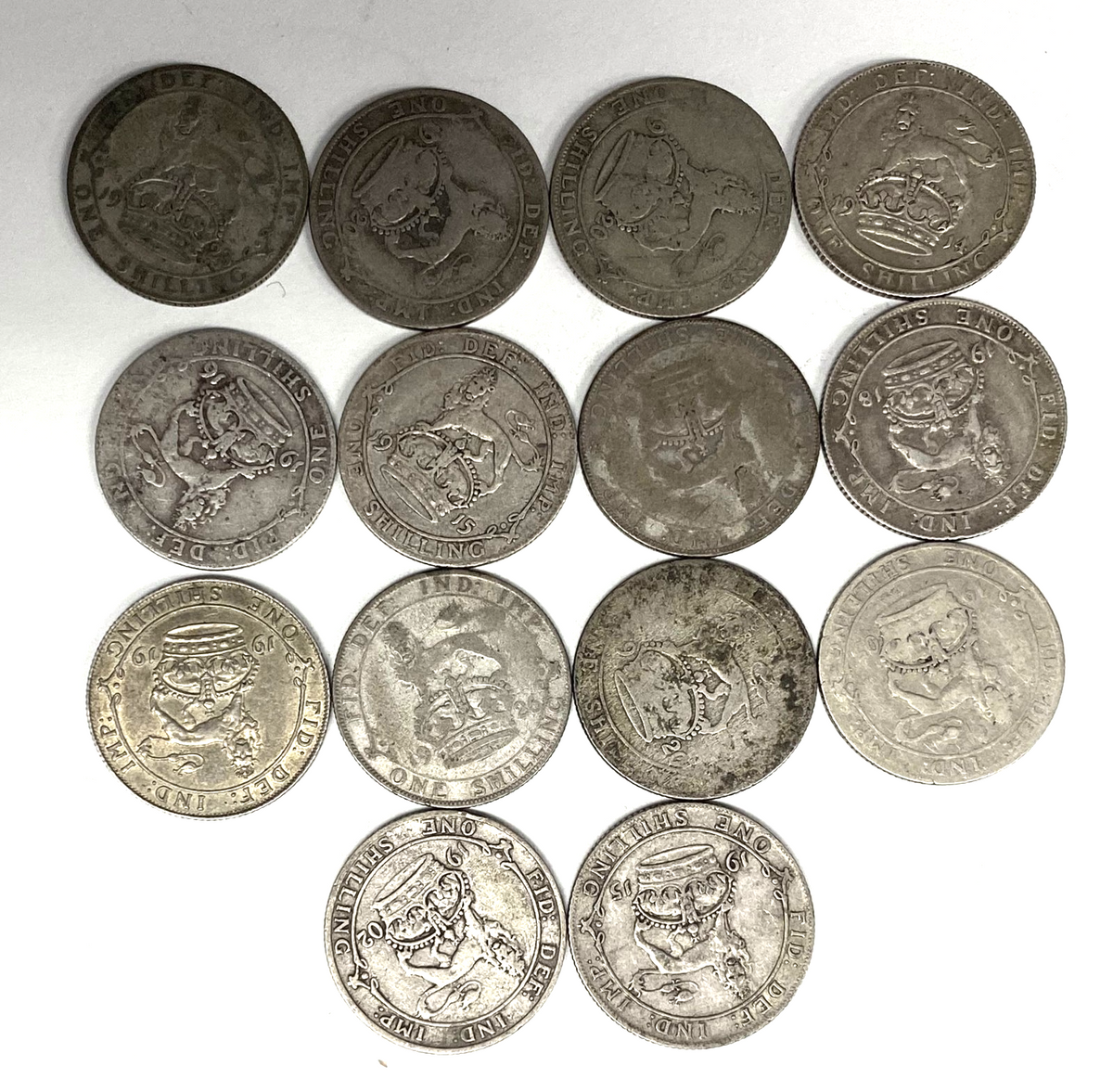 14pc Great Britain One Shilling Silver Coin Lot 1902-1923 - Image 3