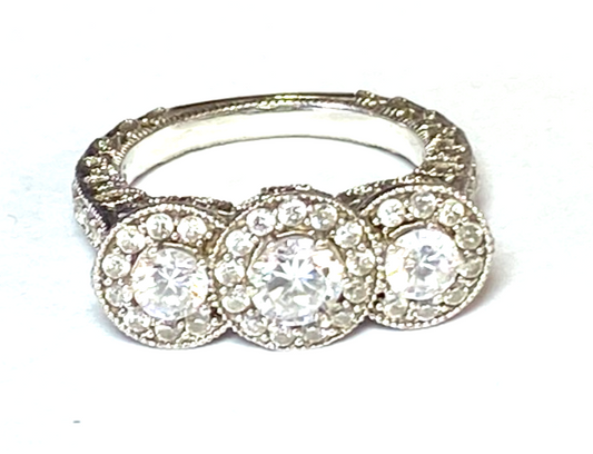 Sterling Silver Stauer Triple CZ Ring 8mm Size 7 Leaf Filigree - Image 1