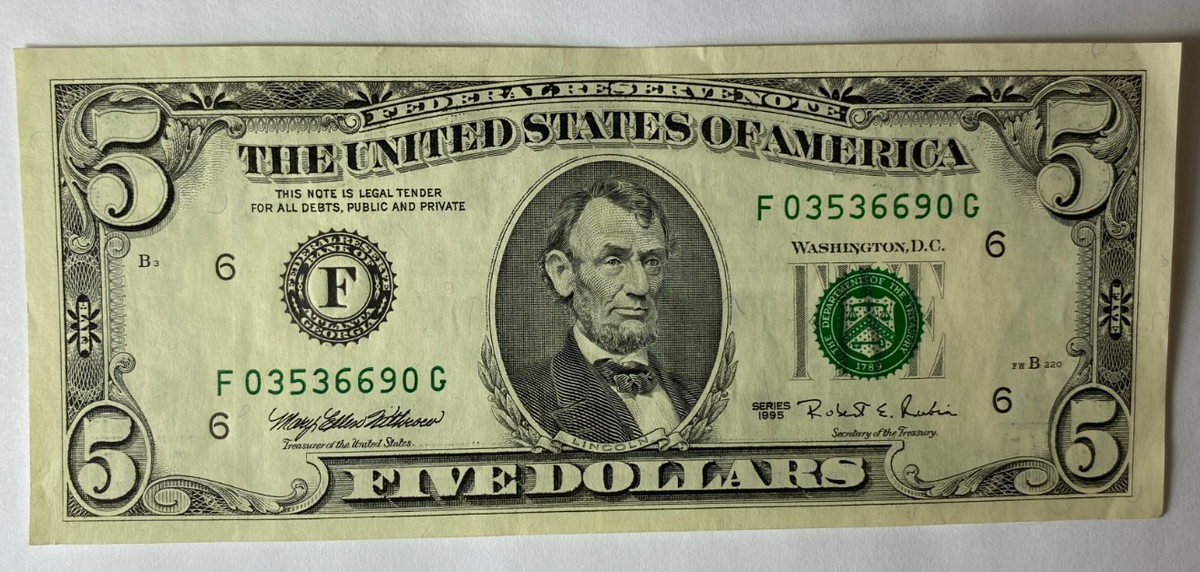 1995 $5 Five Dollars Federal Reserve Note Atlanta F03536690G AU - Image 1