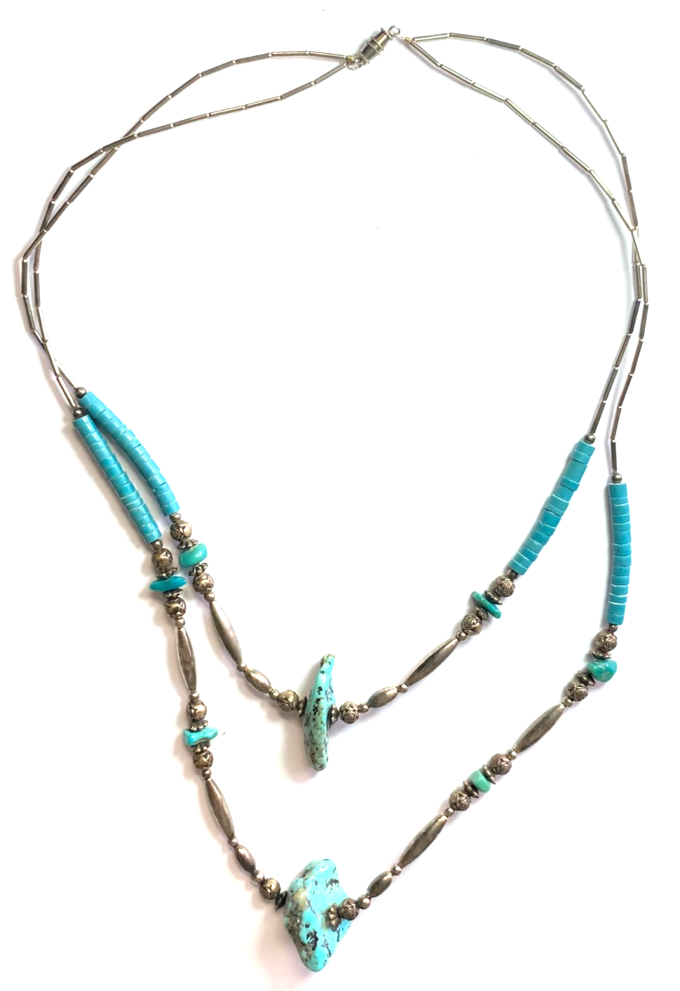 Silver Plate Turquoise Chunk Bead Double Necklace 21" - Image 1