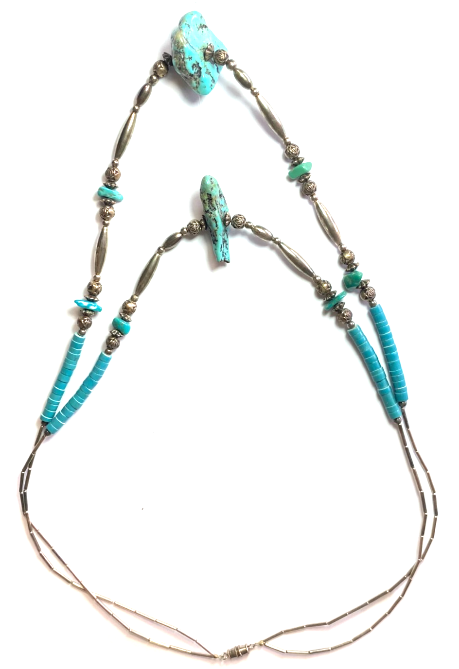 Silver Plate Turquoise Chunk Bead Double Necklace 21" - Image 2