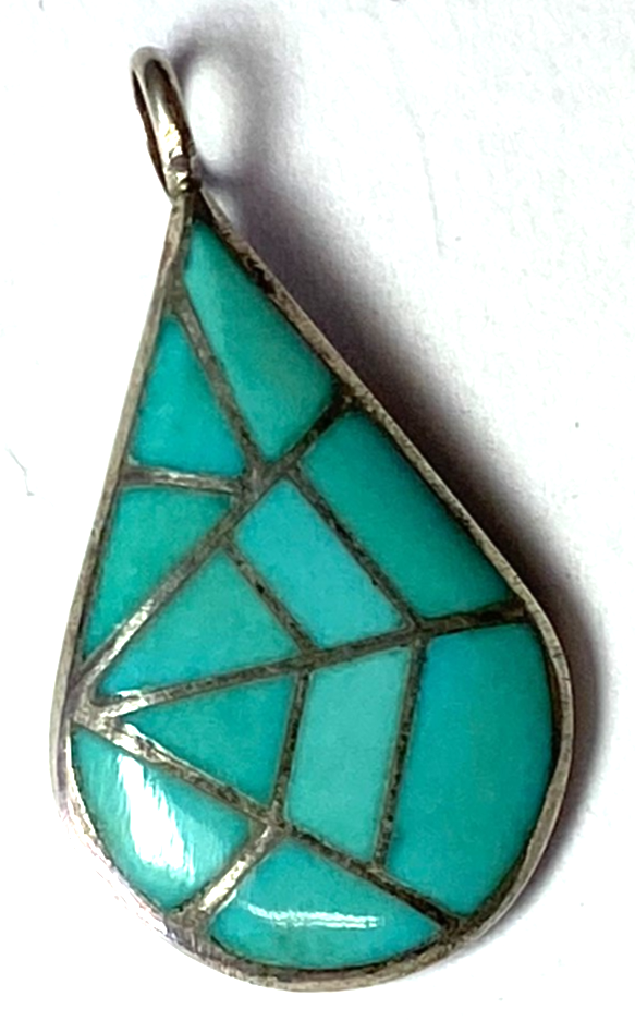 Sterling Marcie Lorrie Kallestewa Teardrop Turquoise Inlay Pendant 34mm x 18mm - Image 1