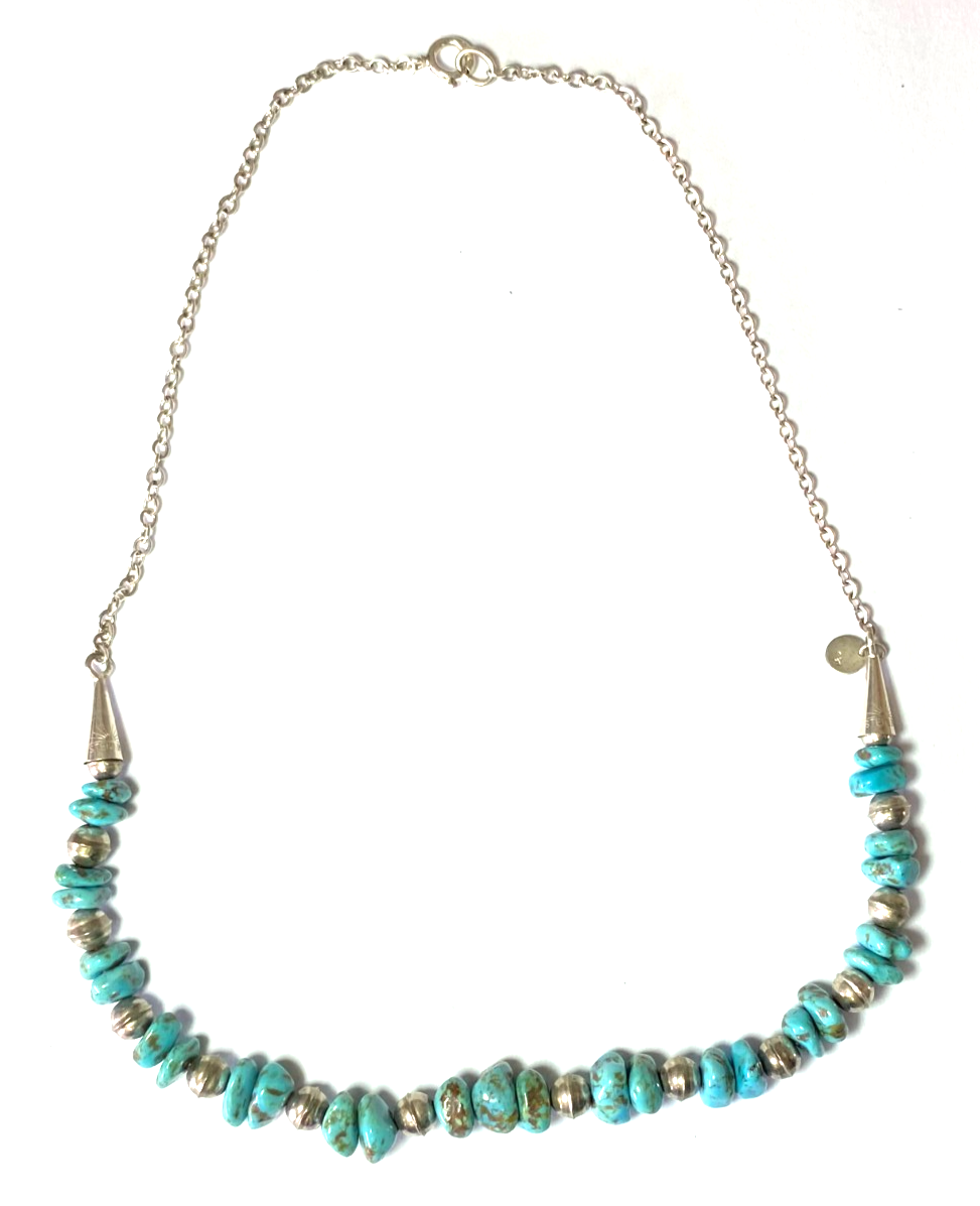 Sterling Silver Sam Lovato Turquoise 10mm Bead Navajo Pearl Necklace 19" - Image 1