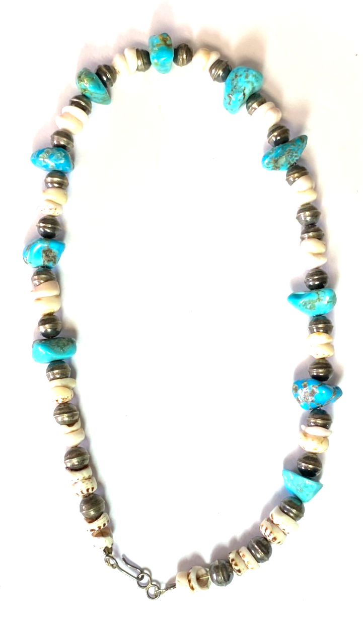 Sterling Silver 18mm Turquoise Shell 9mm Bead Necklace 17.5" - Image 2