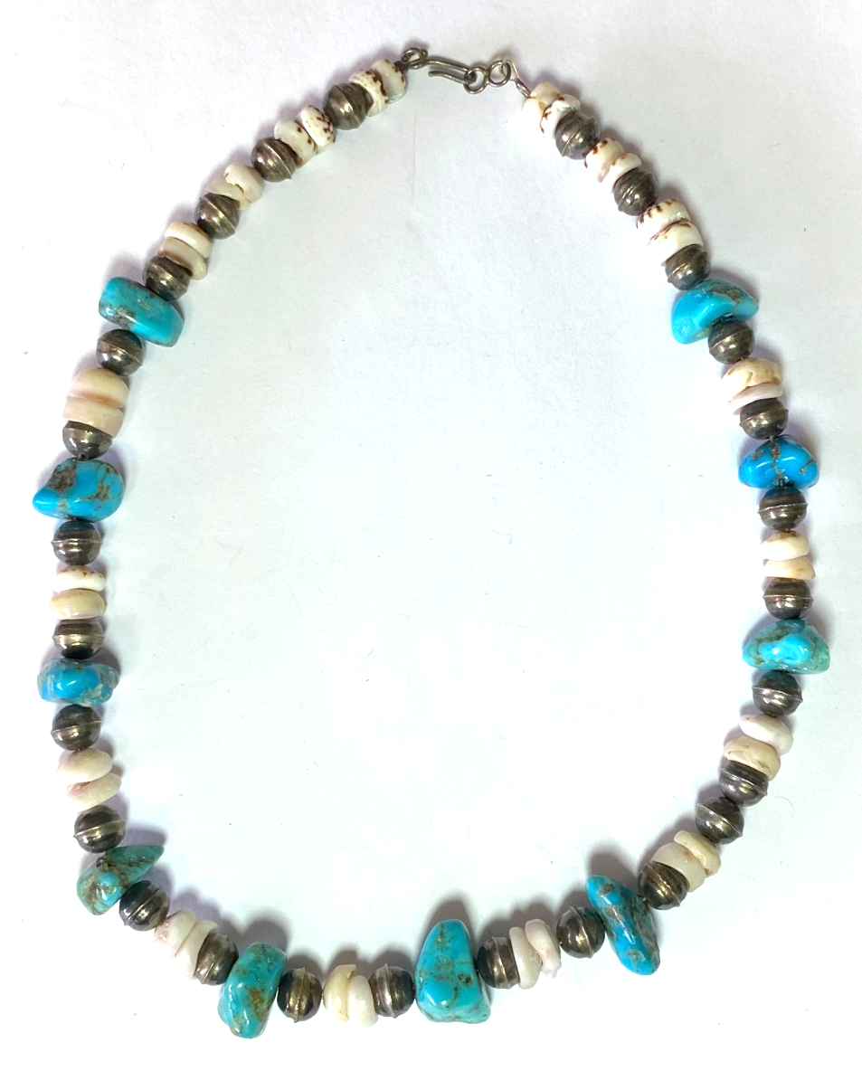 Sterling Silver 18mm Turquoise Shell 9mm Bead Necklace 17.5" - Image 1