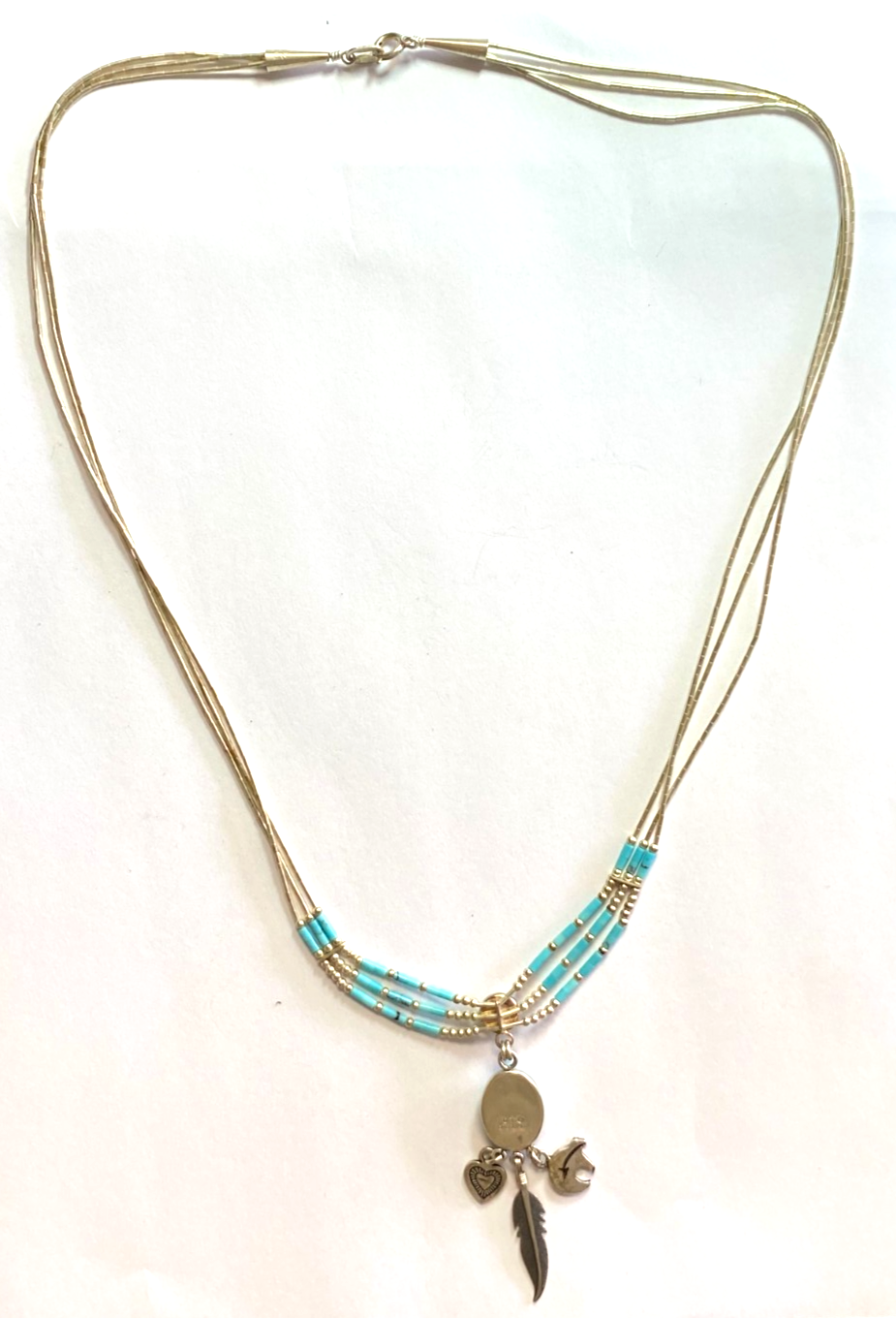 Sterling Silver Quoc Turquoise Bear Heart Feather Pendant & Bead Necklace 23" - Image 2