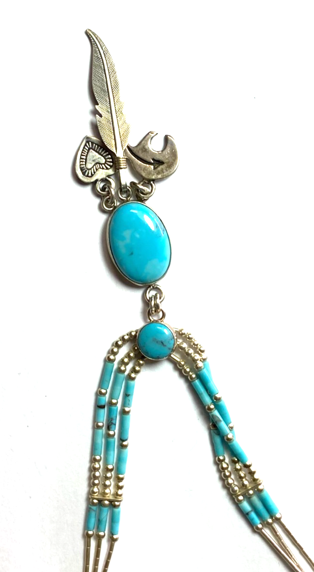 Sterling Silver Quoc Turquoise Bear Heart Feather Pendant & Bead Necklace 23" - Image 3