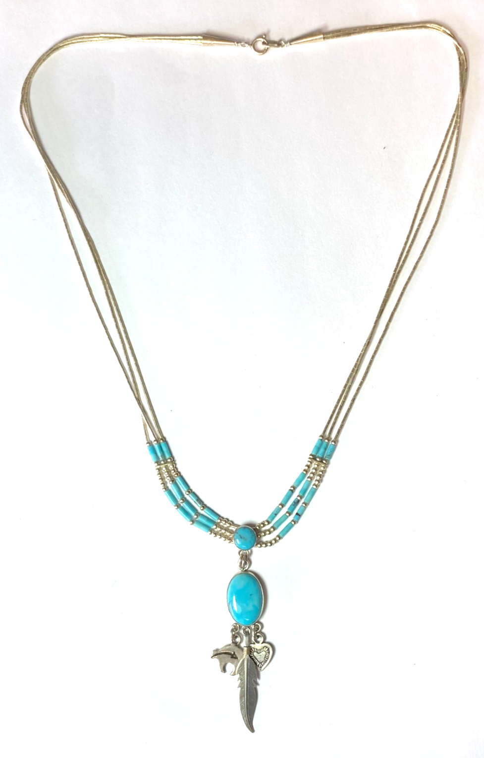 Sterling Silver Quoc Turquoise Bear Heart Feather Pendant & Bead Necklace 23" - Image 1