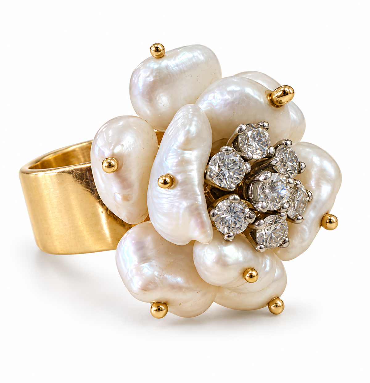 Baroque Pearl & Diamond Ring Size 9.5 14Kt Floral Design - Image 1