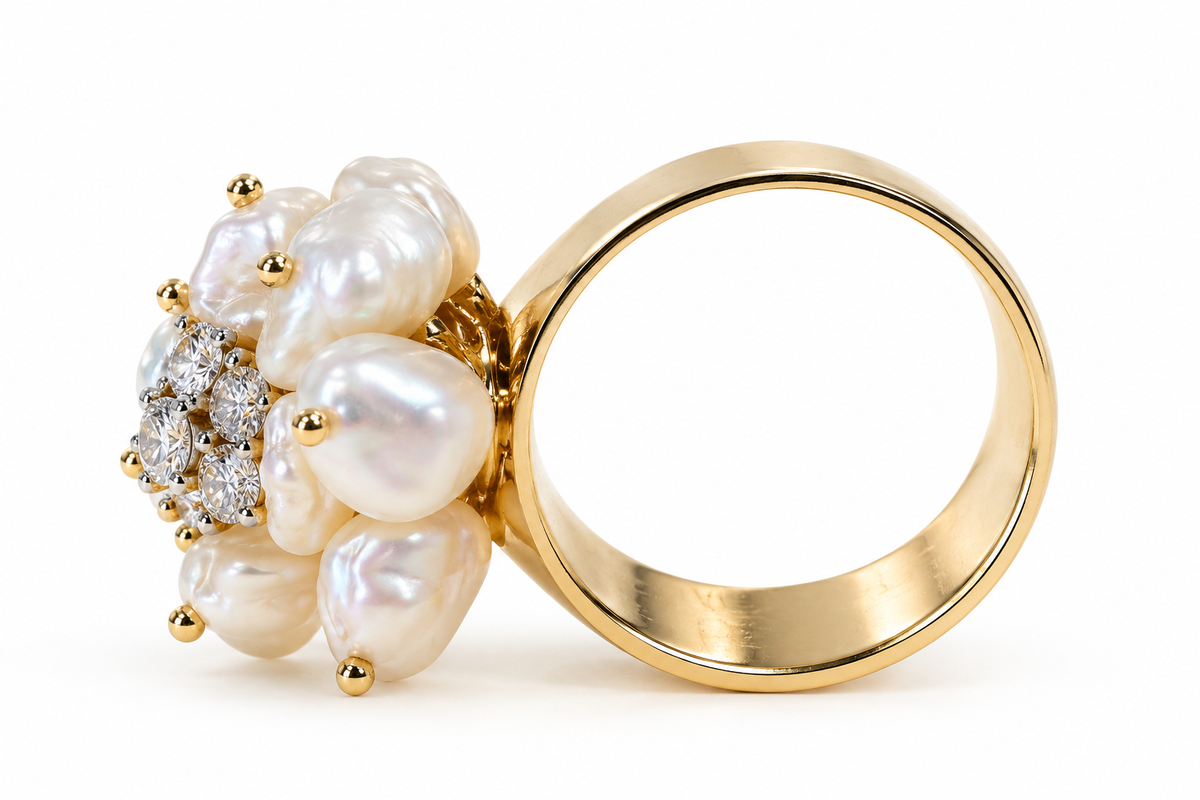 Baroque Pearl & Diamond Ring Size 9.5 14Kt Floral Design - Image 2