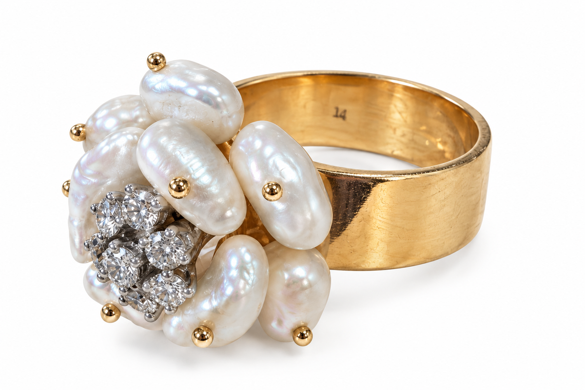 Baroque Pearl & Diamond Ring Size 9.5 14Kt Floral Design - Image 3