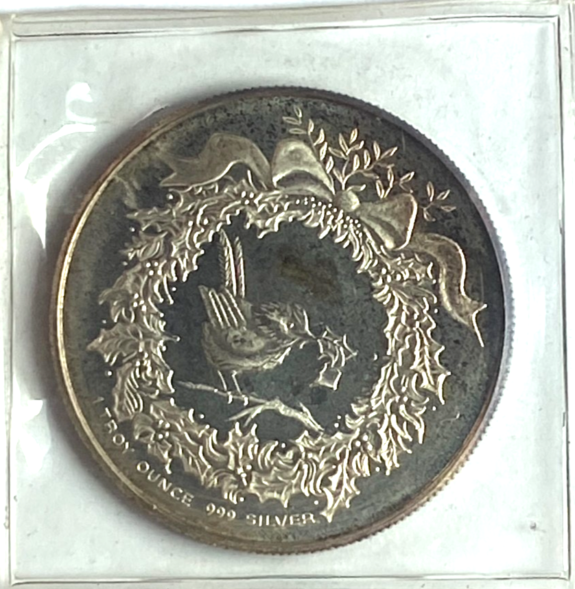 .999 Silver 1oz Christmas X-Mas Silver Round Horse Sleigh Wreath Bird 39mm - Image 2