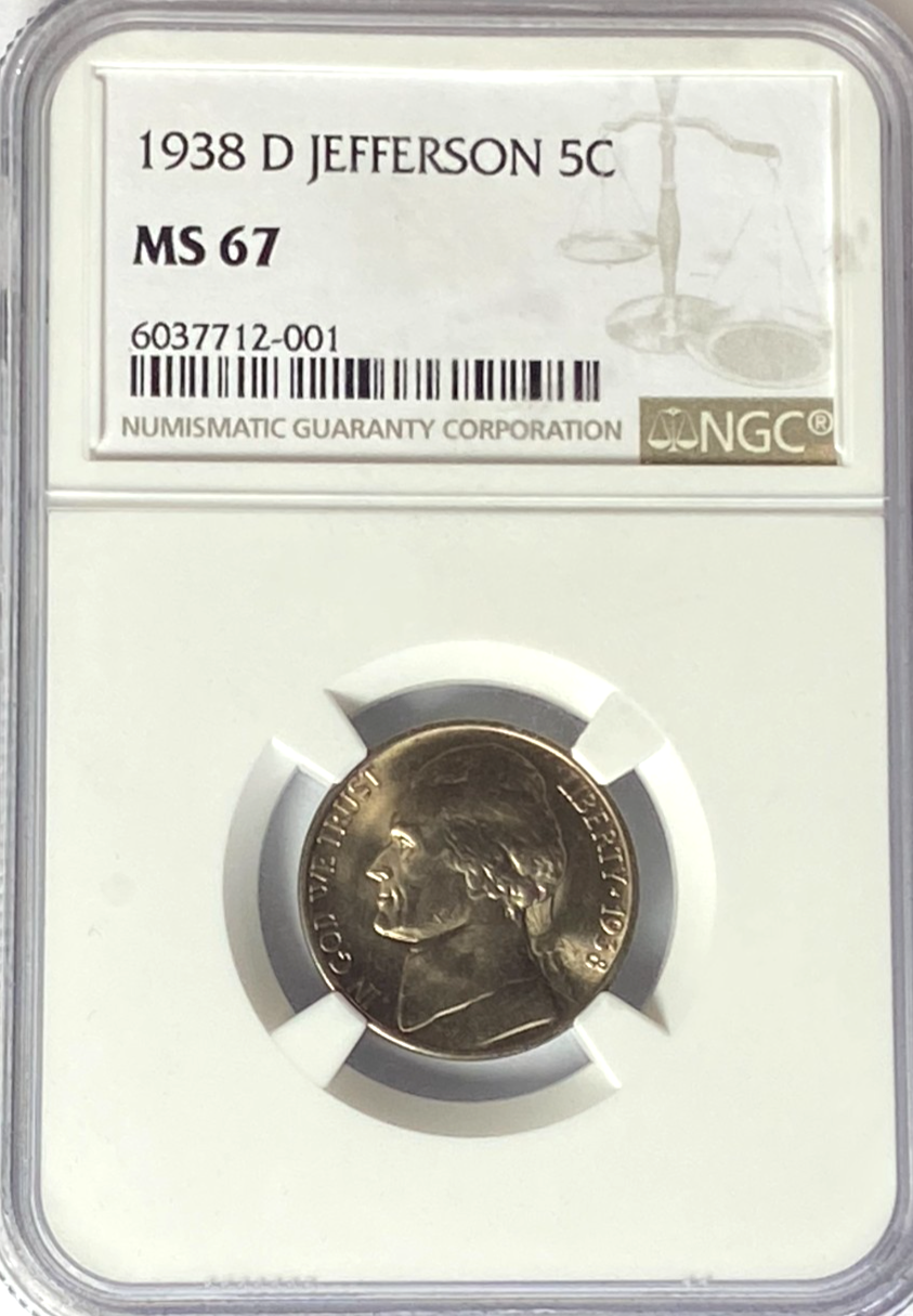 1938 D 5c Jefferson Nickel Five Cents NGC MS67 BU Denver - Image 1