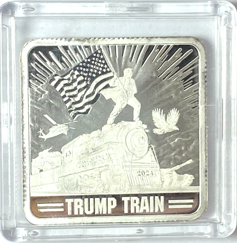 Trump Train .999 Silver 39mm Square Ingot Bar 1oz Flag Eagle We Will Make - Image 1