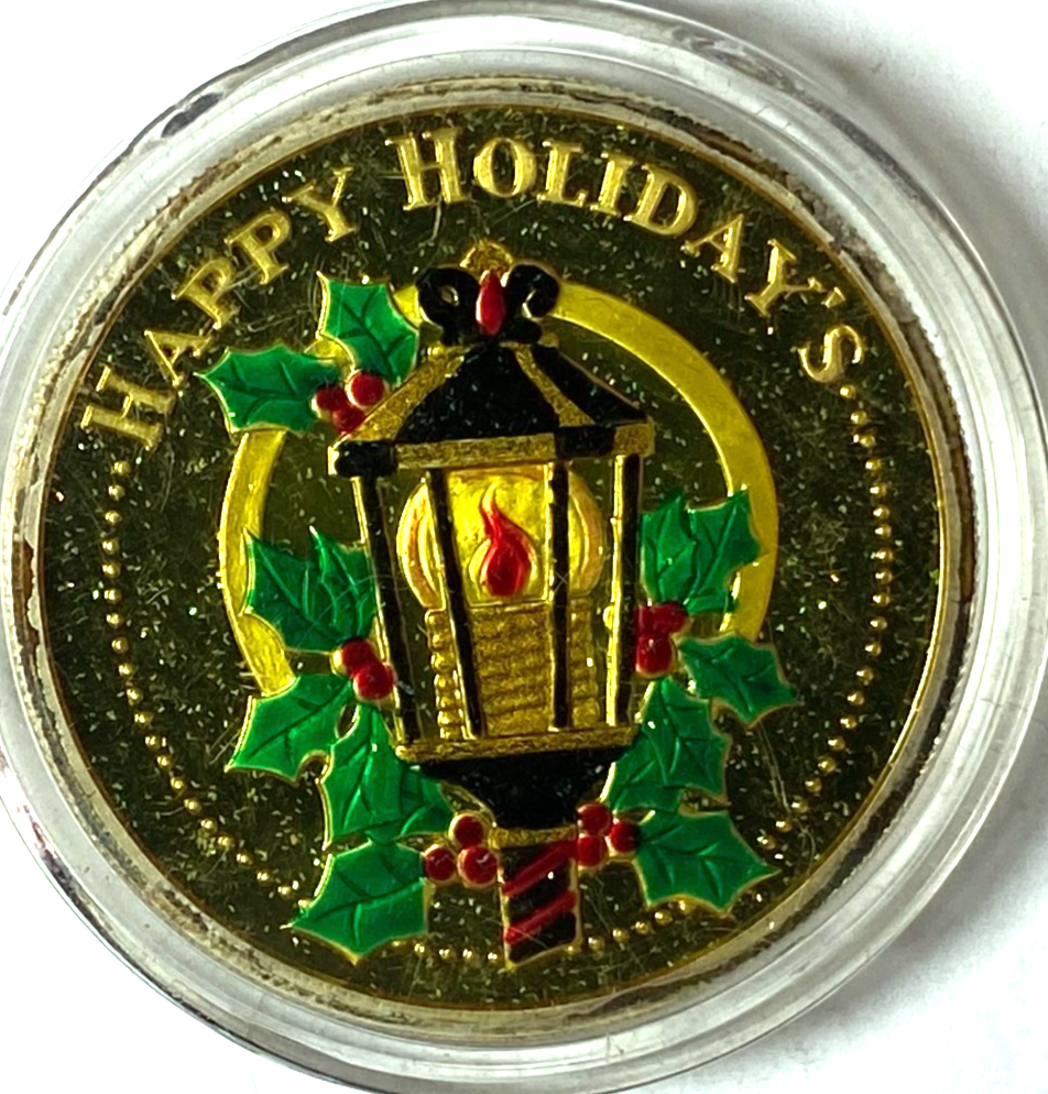 Happy Holidays Silver 1oz .999 Fine Vintage Enameled Round 38mm Bells Lantern - Image 1