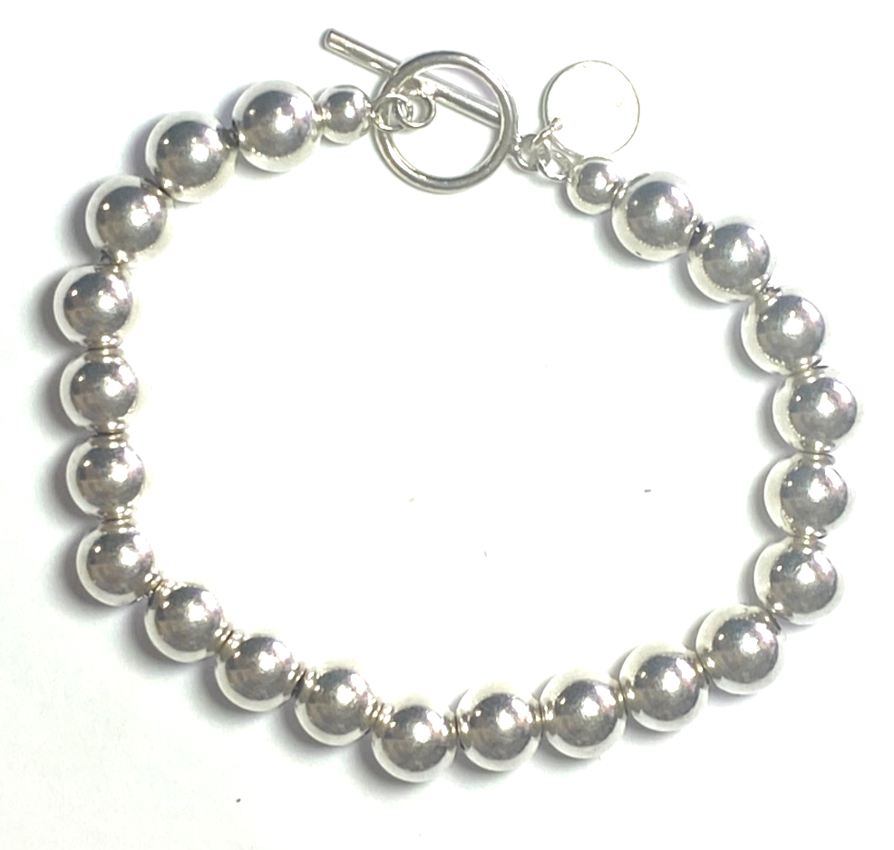 Sterling Silver T Beaded Toggle Cuff 8mm Bracelet 7.75" - Image 2