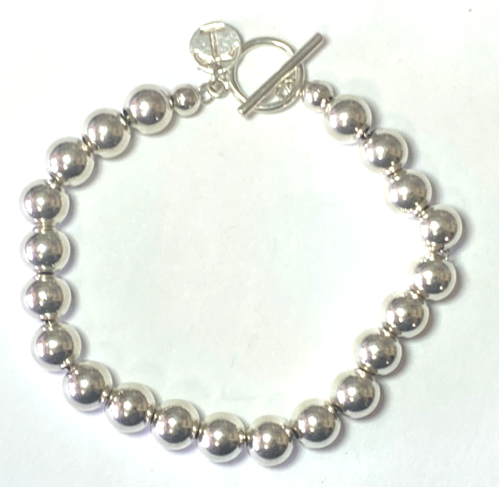 Sterling Silver T Beaded Toggle Cuff 8mm Bracelet 7.75" - Image 1