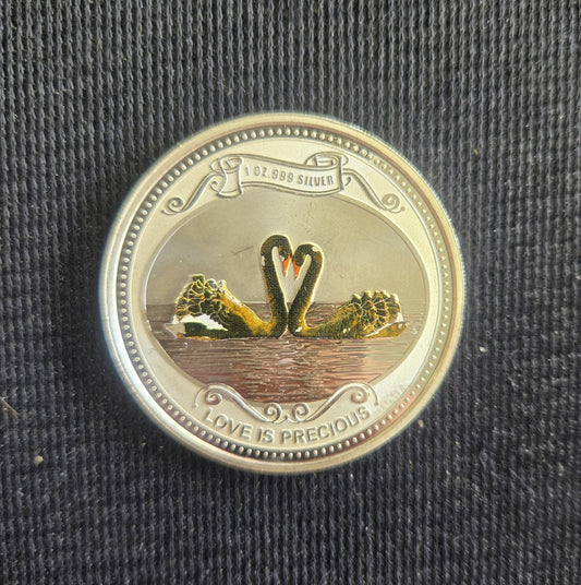 2009 Niue Colorized Black Swans 1oz. Two Dollar .999 Fine Silver Coin Love - Image 1