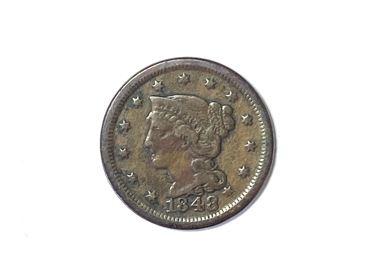 1848 1c Braided Hair Large Cent One Penny US Coin - Image 2