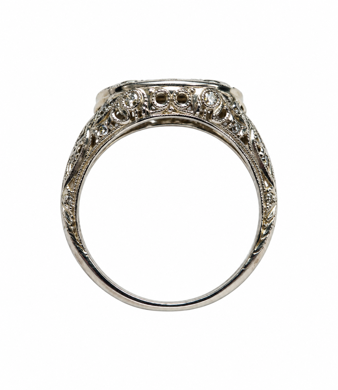 Vintage White Gold Filigree Ring Size 5.5 with Blue Sapphire and Diamond Accents - Image 2